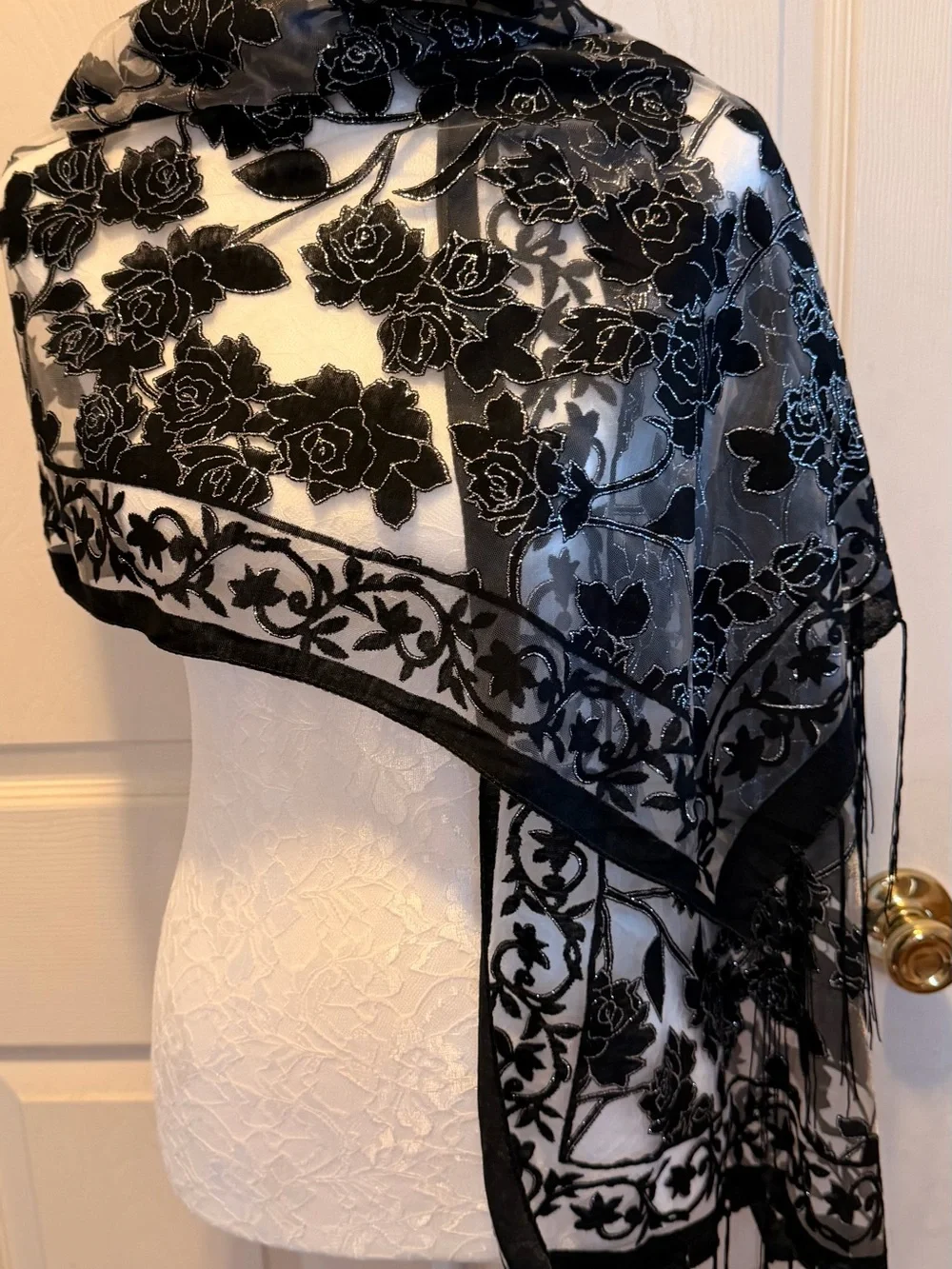 Black & White Floral Sheer Fringe Scarf